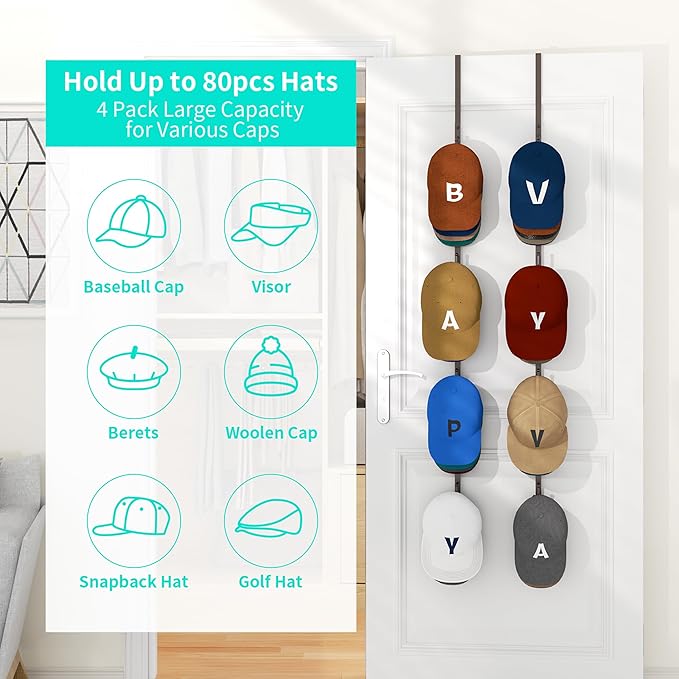 HapiRm Over Door Hat Rack - 4 Packs Metal Hanging Hat Organizer with 16 Hooks Design, Baseball Cap Hanger Organizer Storage Holds up to 80 Caps for Door, Bedroom, Closet（Brown）