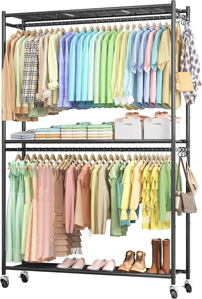 Clothes Rack - 45.2" x 12.2" x 79.5" Clothing Rack with Shelves & Wheels, Multi-Functional Wardrobe Closet with Hooks, Sturdy Metal Garment Rack for Bedroom, Laundry, Balcony (Black)