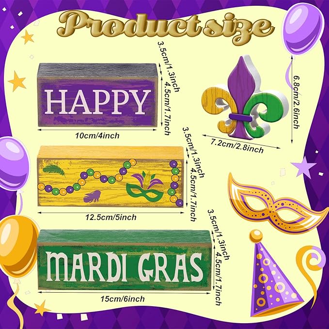 Moucuny 4 Pcs Mardi Gras Decorations Mardi Gras Wooden Sign Carnival Table Centerpiece Carnival Tiered Tray Decor Decorative Faux Book Stack Block for Masquerade Party Fireplace Mantel Shelf