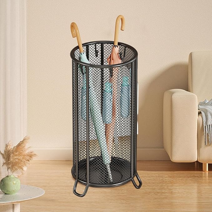 Umbrella Storage Rack Freestanding Organizer Umbrella Rack Stand Decorative Storage Bin Iron Waterproof Multifunctional Suitable for Office Entryway, Black