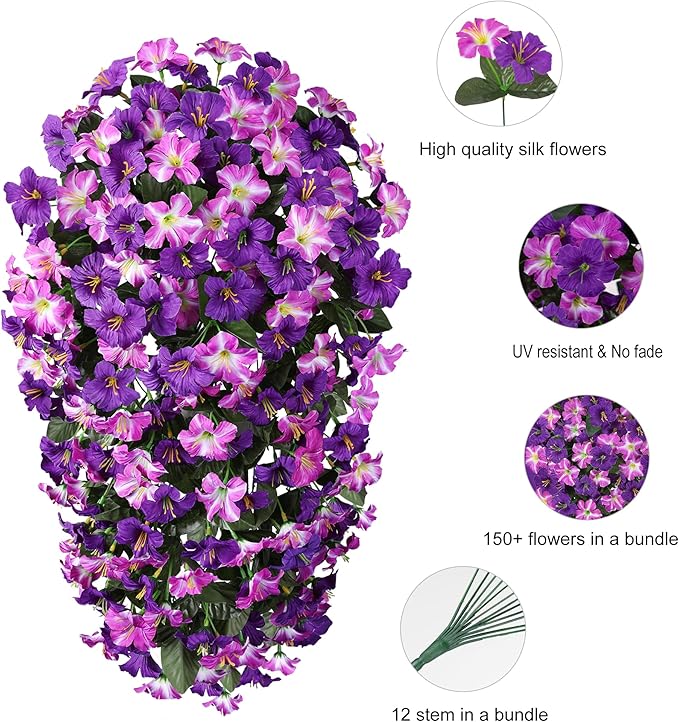 HyeFlora Artificial Flowers for Outdoors, 2pcs Faux Hanging Morning Glory Silk Fake Flowers Lifelike Artificial Plants UV Resistant Flowers for Outside Planter Patio Garden Porch Decor (Purple Red)