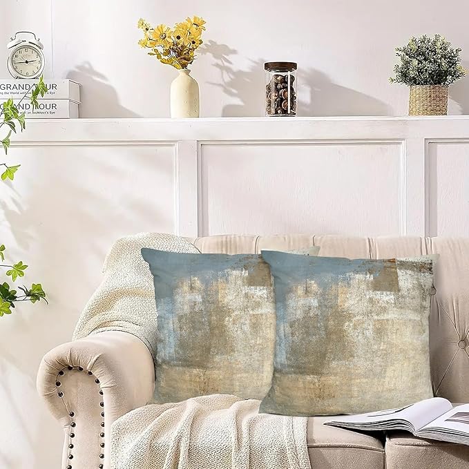 Grey and Beige Abstract Art Contemporary Pillow Cover, Modern Neutral Decorative Throw Pillows Cushion Cover for Bedroom Sofa Living Room 26 x 26 Inch Set of 2