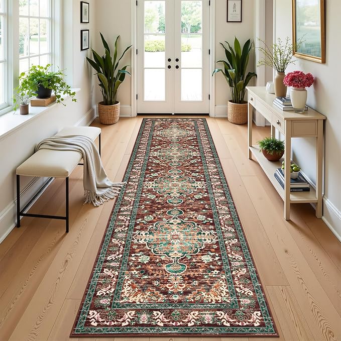 U'Artlines 3' x 12' Boho Hallway Runner Rug, Rust Non Slip Washable Vintage Farmhouse Accent Rug Carpet for Kitchen Entryway Laundry and Living Room (Rust＆Teal)