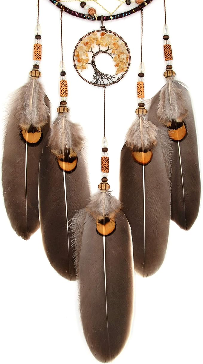 Urdeoms Brown Dream Catchers Tree of Life Boho Dreamcatcher for Bedroom Adult with Feathers and Citrine Crystal Wall Hanging Decor for Home Festival Blessing Gifts 18" Length (NO.11)