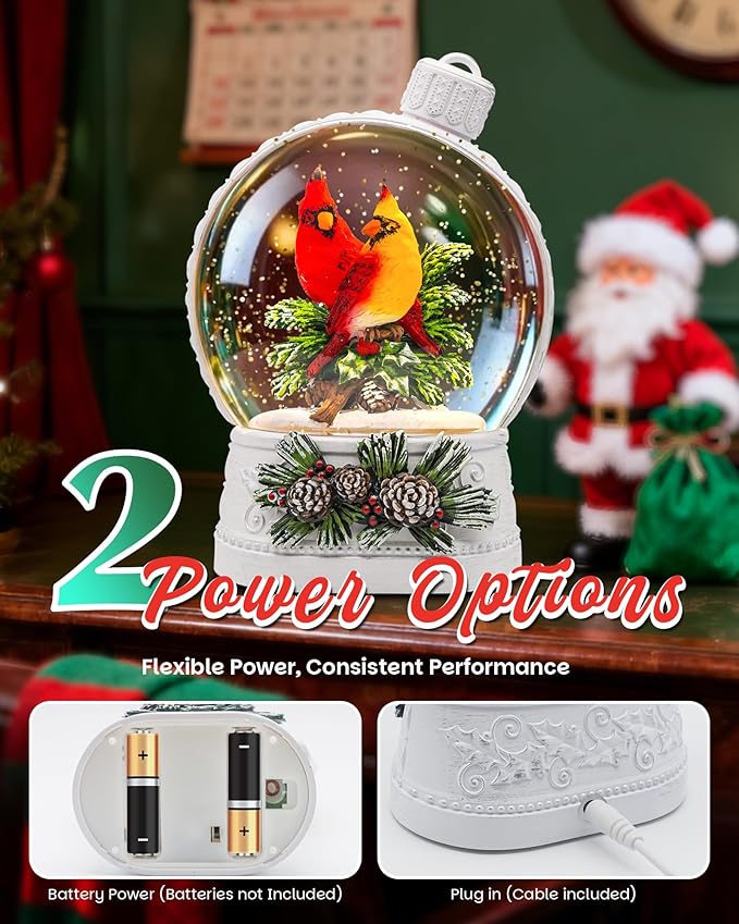 Christmas Cardinal Snow Globe Light up Lantern with 8 Songs, 6.7" White Christmas Snow Globes for Kids Adults, 6H Timer & Dual Power, Snowglobes Christmas Decorations Indoor, Gifts for Women Men