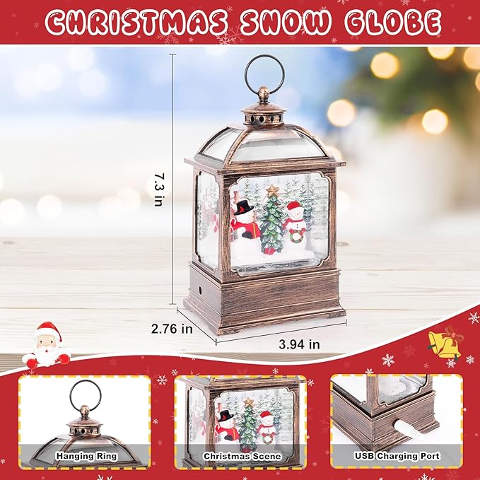 Christmas Snow Globe Lantern with Snowmen 8 Music Songs & 6H Timer Water Snow Globe Lantern USB & Battery Operated for Christmas Festival Decorations Gifts (Two Snowmen)