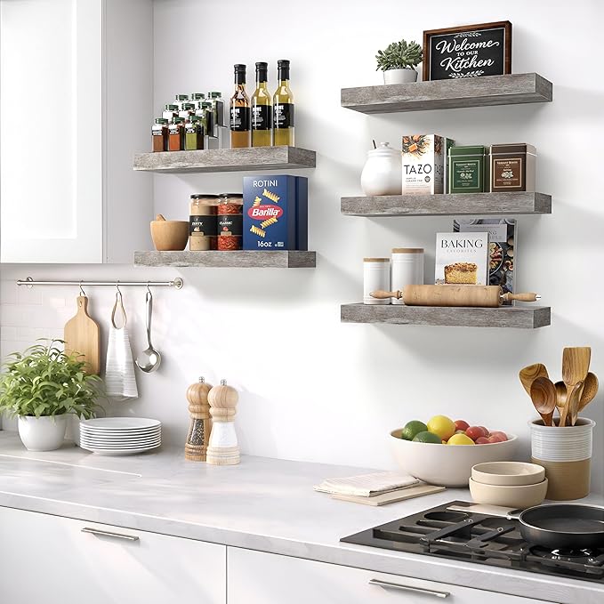 Sorbus Floating Shelves for Wall – 16 Inch Floating Shelf for Kitchen, Bedroom, Living Room, Bathroom, Home & Wall Decor - Mounted Bathroom Shelves with Invisible Brackets (Grey, 5 Pack)