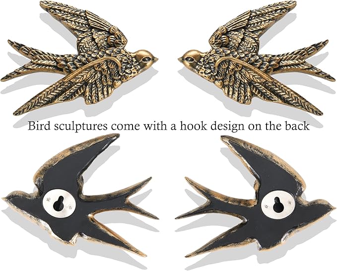 AMOIENSIS Bird Wall Sculpture Art, Set of 2, 4.75 Inch Resin Antique Gold Bird 3D Sculpted Floating Hanging Wall Decoration