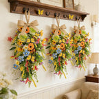 2 PCS 24'' Spring Summer Floral Teardrop Swags for Front Door Artificial Sunflowers Daisy Teardrop Swags Lavender Butterfly Swag Wreath Eucalyptus Hanging Swag for Farmhouse kitchen Cabinet Home Decor