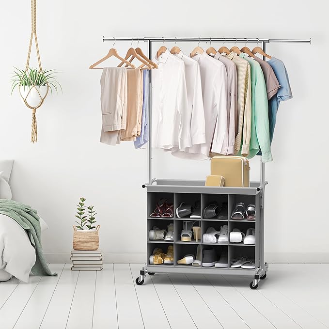 Simple Houseware Garment Rack with Extensible Haning Rod and 16 Shoes Organizer, Grey