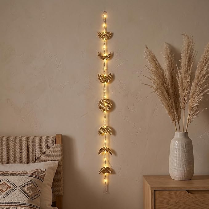 opulinea 32 Inch Hammered Gold Moon Phase Metal Wall Decor with LED String Lights, Celestial Hanging Wall Sculpture, Boho Lunar Wall Art for Bedroom, Living Room, Bathroom, Apartment