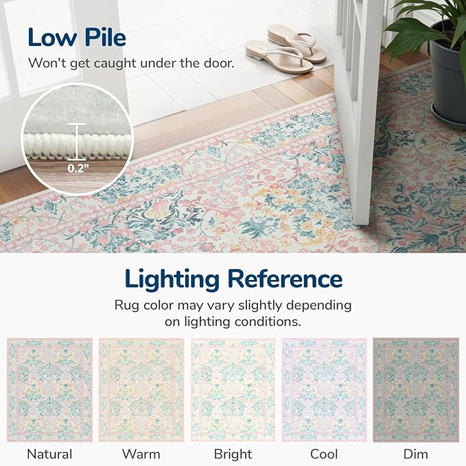 Lessymo Bedroom Rug 5x7 Area Rug for Living Room, Vintage Washable Floral Floor Mat Pink Rugs for Girls, Low Plie Non Skid Indoor Boho Forest Rugs for Nursery Dining Room, Pink Green
