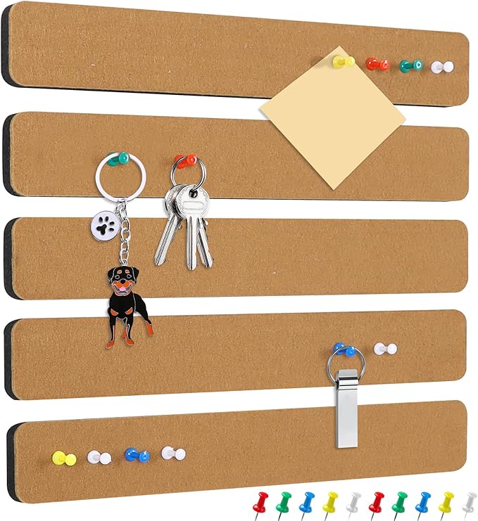 Vuzvuv 5 pcs Bulletin Board Bar Strips with 35 Pushpins ，Self Adhesive Cork Board for Wall，Felt Pin Board for School，Office Decor(Wood Brown)