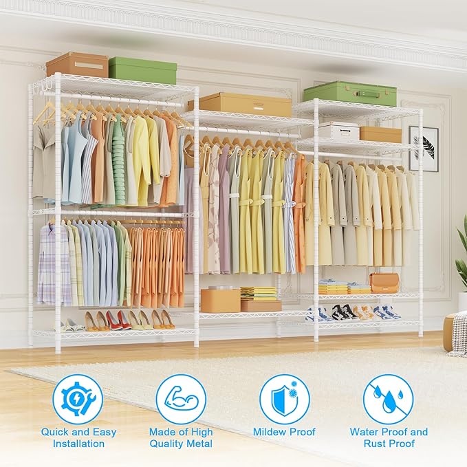 Ulif E13 Max Heavy Duty Clothes Rack（With 4 Hanger Rods & 8 Shelves） Freestanding Clothing Racks for Hanging Clothes，Adjustable Closet，Metal Garment Rack 86" W x16 D x77 H，Max Load 1100LBS，White