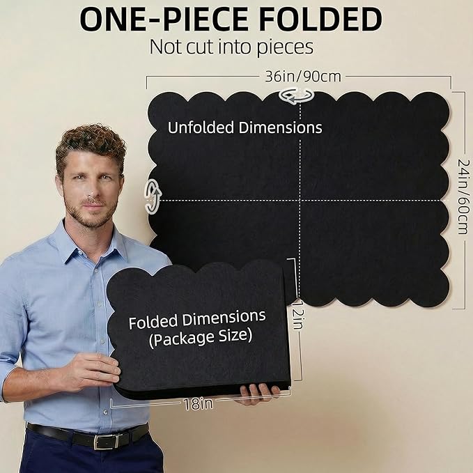 Scalloped Black Felt Bulletin Board 36x24 Inches - Self-Adhesive Foldable, with 30 Pushpins, Cork Board Alternative - Decorative Pin Board for Wall, Home, Office & School (Black, 36"x 24")
