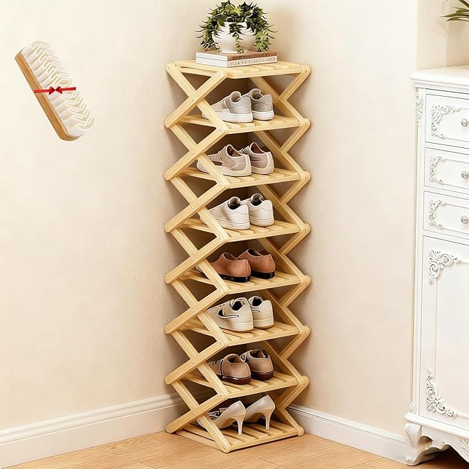The 9-Tier No-Assembly Bamboo Rack, Folding Bamboo Shoe Rack Organizer with Collapsible Vertical Design, Space-Saving & No-Tool Assembly, for Entryways,Corners,Bedrooms,Balconies (Yellow,8)