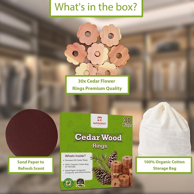 Cedar Blocks for Clothes Storage - Raimarket 30 Pack Cedar Rings - 100% Natural Aromatic Cedar Wood Chips for Closets, Wardrobe, Drawers & Shelves - Scented Wardrobe Freshener- Moisture Absorption