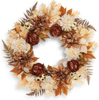 24 Inch Fall Brown Wreaths for Front Door Outside Autumn Wreath with Artificial Dahlia, Chrysanthemum, Rose, Berries & Leaves – Fall Door Wreath for Outdoor Indoor Thanksgiving Decor Terracotta