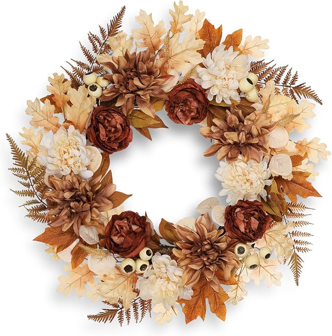 24 Inch Fall Brown Wreaths for Front Door Outside Autumn Wreath with Artificial Dahlia, Chrysanthemum, Rose, Berries & Leaves – Fall Door Wreath for Outdoor Indoor Thanksgiving Decor Terracotta