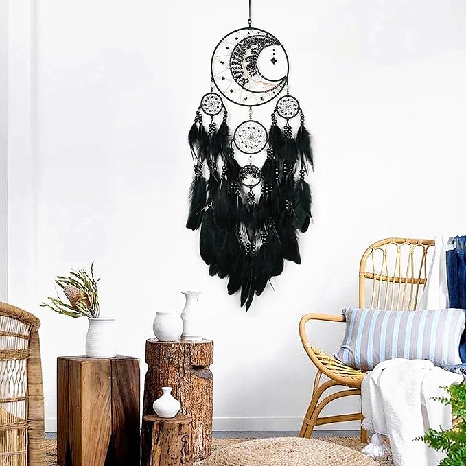 Large Dream Catchers, Handmade Woven Moon Healing Crystal Stone Dream Catcher Wall Hanging Ornament for Bedroom Living Room Wedding Party Decor, Festival Blessing Craft Gift (Black Moon)