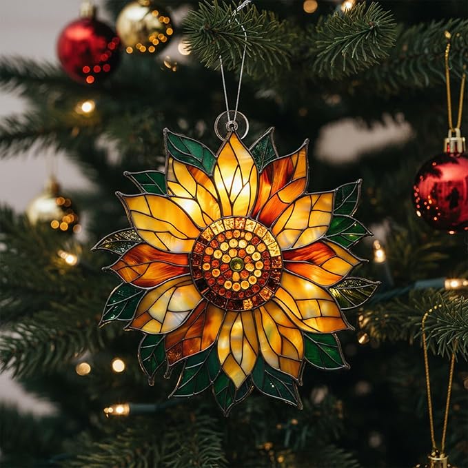 2025 Christmas Ornaments, Christmas Tree Ornaments Acrylic, Faux Stained Glass Effect White Elephant Gifts Exchange, Unique Suncatcher Xmas Stocking Stuffers for Women, Men (Sunflower)