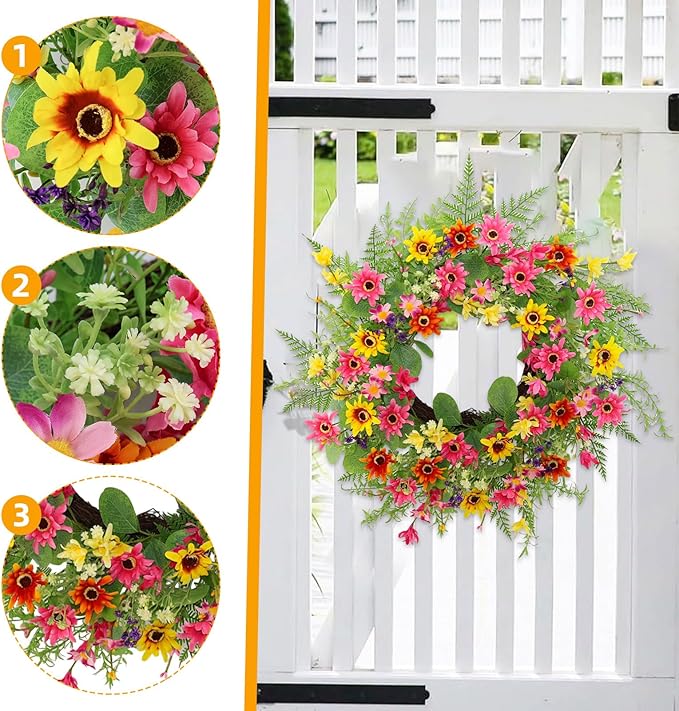 Spring Summer Wreaths for Front Door,22 Inch Artificial Spring Summer Daisy Wreath with Wildflowers,Eucalyptus Leaves for Indoor Outdoor Wall Porch Festival Farmhouse Home Holiday Decor.