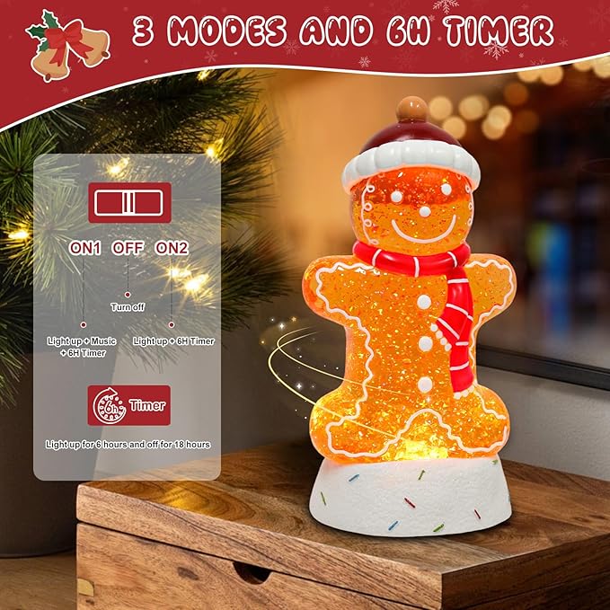 Gingerbread Christmas Snow Globe Lantern with 8 Music Songs & 6H Timer Water Snow Globe Lantern USB & Battery Operated for Christmas Festival Decorations Gifts (Gingerbread)
