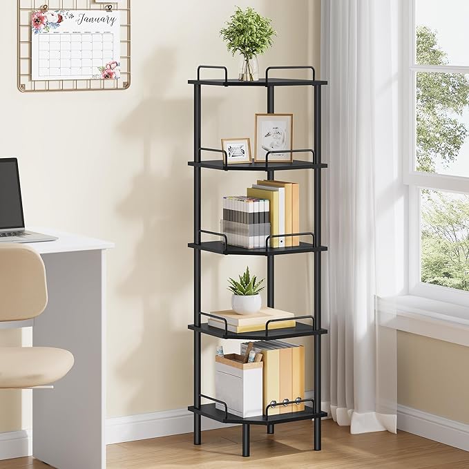 Tajsoon Corner Shelf Stand, 5 Tier Industrial Corner Shelves, Multipurpose Standing Display Shelf, Corner Shelving Unit for Bedroom, Living Room, Office, Kitchen, Black
