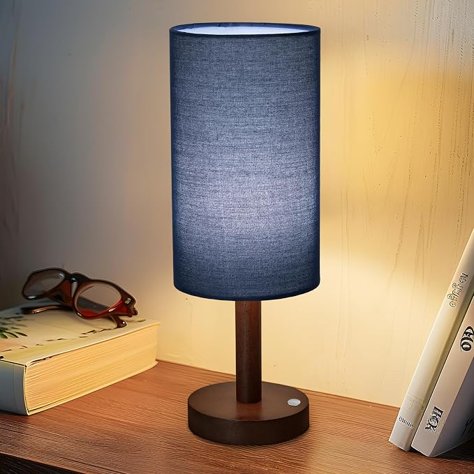 LALISU Small Table Lamp Nightstand Lamp Linen Lampshade Bedroom Wood Base Small Bedside Lamp for Night Stands, Desk Lamps for Reading Living Room, Office (LED Bulb Included) (Blue)