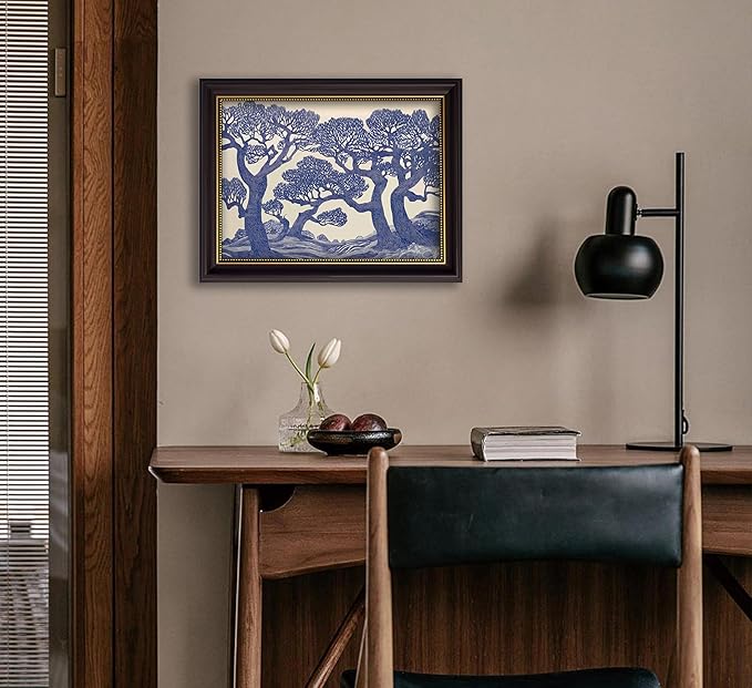 Vintage Gold Framed Wall Art Oak Tree Forest Painting Canvas Prints Blue Woodland Nature Landscape Picture Moody Botanical Poster Artwork for Living Room Bedroom, 9x11in