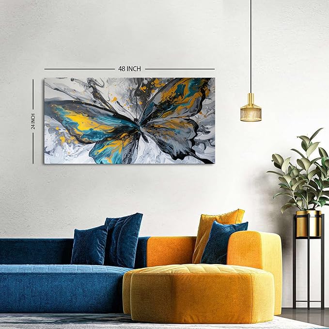 Abstract Butterfly Wall Art Teal Grey Yellow Butterfly Wall Decor Modern Marble Textured Canvas Poster Luxury Fluid Pictures Watercolor Neutral Artwork for Living Room Bedroom Home Decoration 24x48"