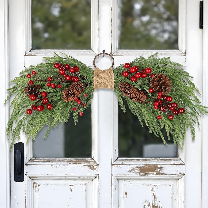 2PCS Artificial Christmas Swags with Norfolk Pine, Red Berries and Pinecones, 24" Christmas Thanksgiving Decorations for Front Door, Mantel, Staircase, Window, Xmas Décor