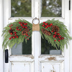 2PCS Artificial Christmas Swags with Norfolk Pine, Red Berries and Pinecones, 24" Christmas Thanksgiving Decorations for Front Door, Mantel, Staircase, Window, Xmas Décor