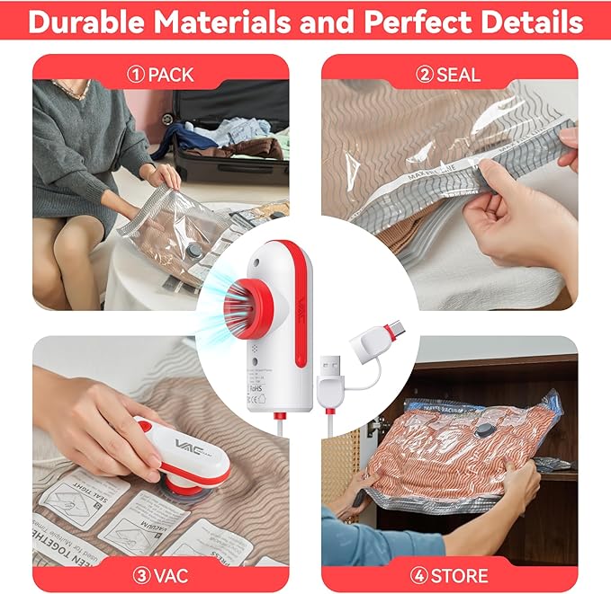 Vacuum Bags for Travel with USB and TYPE C Pump,vacuum seal travel bags,15 Pack Carry-on Size Compression Packing Bags for Luggage and Suitcase,Space Saver for Clothes and Clothing Travel（Red）