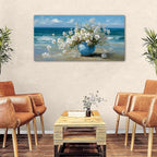 AIYISU Vintage Flowers Canvas Wall Art White Blossom Painting Retro Flowers in Blue Vase Pictures Blue Ocean Coastal Landscape Prints Poster Floral Artwork for Bathroom Bedroom Home Decoration 24x48