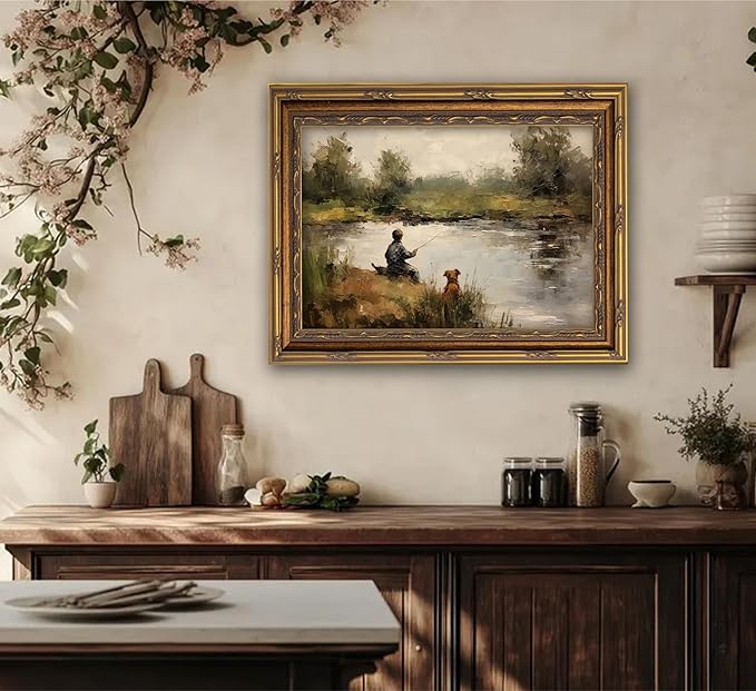 Vintage Gold Framed Wall Art Boy Fishing Country Oil Painting Canvas Prints Peaceful Lake Landscape with Dog Picture Rustic Farmhouse Poster Artwork for Nursery Living Room Bedroom, 12x16in