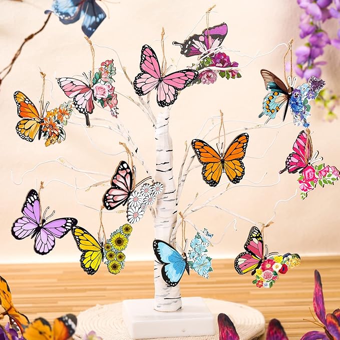 Geelin 36 Pcs Summer Wood Hanging Ornaments for Tree Mini Tree Decorations Hawaiian Beach Wooden Pendant Decorations with String for Luau Party Supplies(Butterfly)