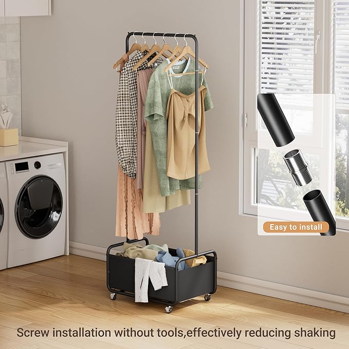 Dunatou Small Clothes Rack with Wheels & Bottom Basket – Heavy Duty Rolling Garment Rack for Small Spaces, Rolling Clothing Rack for Small Spaces, Bedroom, Laundry Room & Closet, 15.7" W, Black