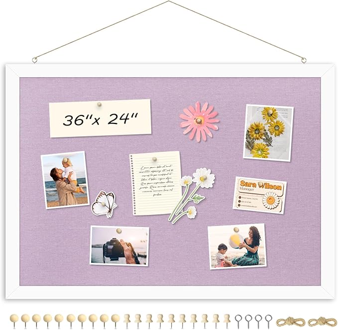 DOLLAR BOSS Bulletin Board with Linen Double-Sided 36" x 24" Linen Cork Boards for Walls Picture Display Vision Board for Office Home School Framed Picture Pin Board, 20 Pushpins 10 Clips, Purple