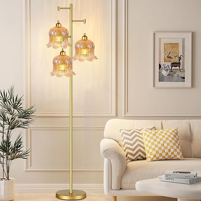 QIYIZM Glass Floor Lamp for Living Room,Bedroom,Mid Century Modern Standing Lamp Brass Tree 3 Light Tall Floor Lamps Vintage Floor Lights Gold Tulip Flower Lamp Shade Farmhouse Boho Bohemian