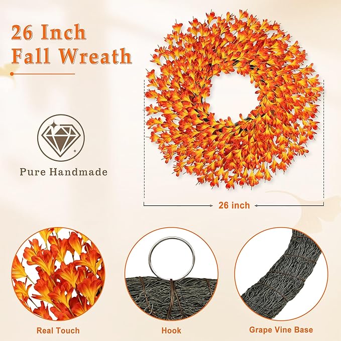 26 Inch Fall Wreaths for Front Door Outside，Realistic Autumn Wreath Outdoor，Large Halloween Thanksgiving Artificial Flowers Wreath，Fall Decorations for Home Front Porch Yard Window Farmhouse Decor