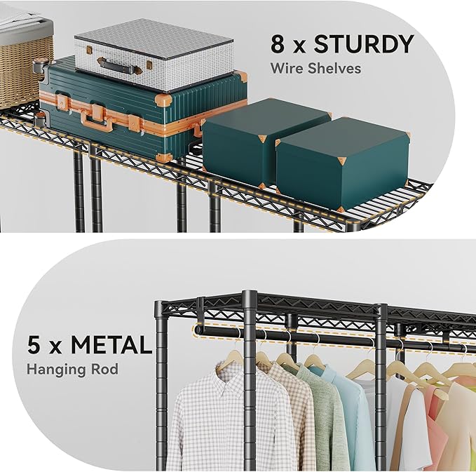 H5 Extra Large Wire Garment Rack, Heavy Duty Clothes Rack, Freestanding Clothing Rack for Hanging Clothes, Wardrobe Closet with Adjustable Shelf, 93.3" Wx15.7 Dx75.4 H, Black, Load 1400 lbs