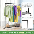 Clothes Rack for Hanging Clothes, 64.25 Inch Clothing Racks with Wheels, Portable Rolling Clothes Garment Rack for Bedroom, Laundry, Living Room, Black