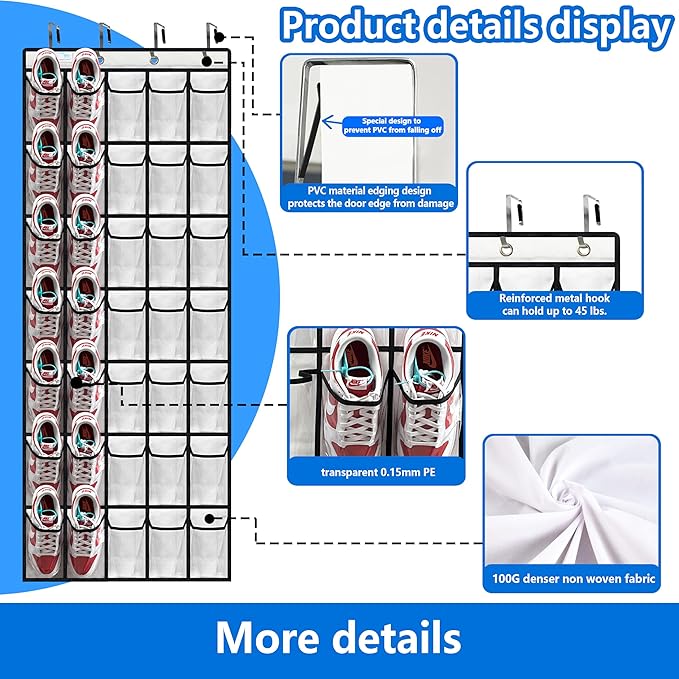 over the door shoe organizer,2025 upgraded,over the door shoe organizer,35 Huge clear pockets,over door shoe organizer,Store size 13 shoes,Strong material,hooks Suitable for various doors,White