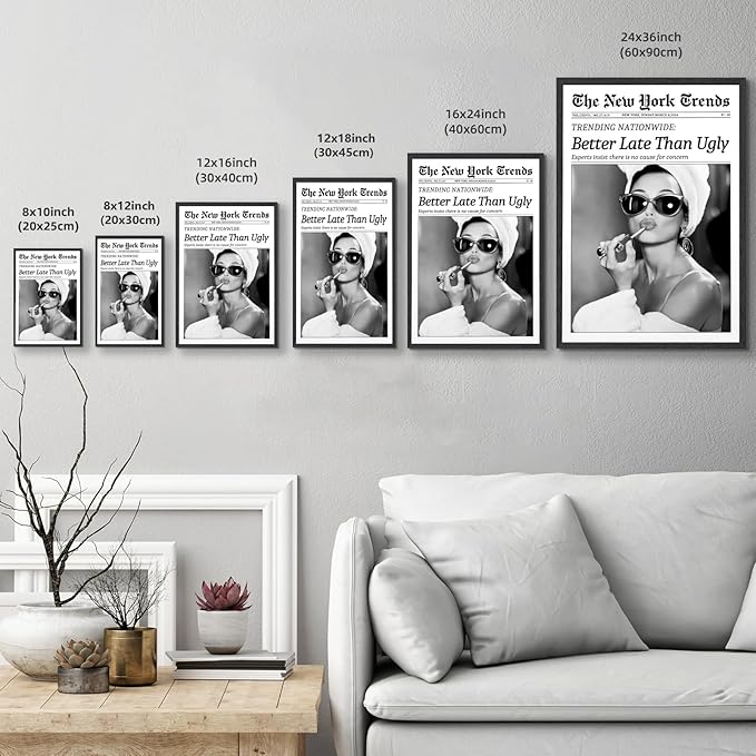 Framed Better Late Than Ugly Wall Decor Vintage Newspaper Wall Art Black and White Fashion Poster Audrey Hepburn Chic Decor New York Trends Glam Quote Canvas Print for Bedroom Bathroom Dorm 24x36inch
