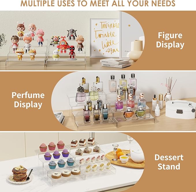 Anglelife 8 Pieces 2 Set (7”L~8”L~9”L) Large Display Risers, 4" Wide Clear Rectangular Stand Shelf for Showcase Collectibles, Acrylic Cake Shelves for Retail Desktop Jewelry Funko Pop Figures