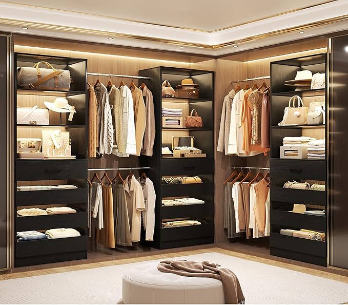 Aheaplus Closet System with 12 Drawers, 8.5-11.5Ft Wood Closet Organizer System with 4 Hanging Rods & 3 Towers, 4Ft & 6Ft L-Shaped Walk-in Closets Wardrobe Organizer Clothes Rack, Set of 3, Black1