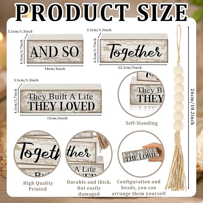 4 Pcs Farmhouse Home Decoration Wooden Tabletop and So Together They Built a Life They Loved Decor Motivational Tiered Tray Decor Rustic Block Sign Retro Bead Garland Table Centerpiece for Shelf Desk