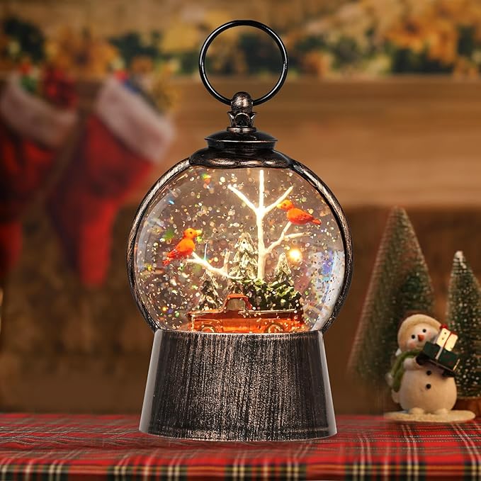 Christmas Snow Globe Lantern with Timer Cardinals Christmas Tree Truck Lighted Music Snow Globes, USB & Batteries Powered Holiday Glitter Globe for Xmas Indoor Decoration and Cardinal Gifts