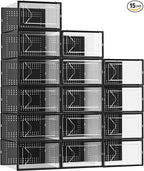 Shoe Storage Box, 15 Pack Clear Plastic Stackable Shoe Organizer for Closet, Interlocking Design for Sneakers, Foldable Shoes Container Rack with Lids, Black